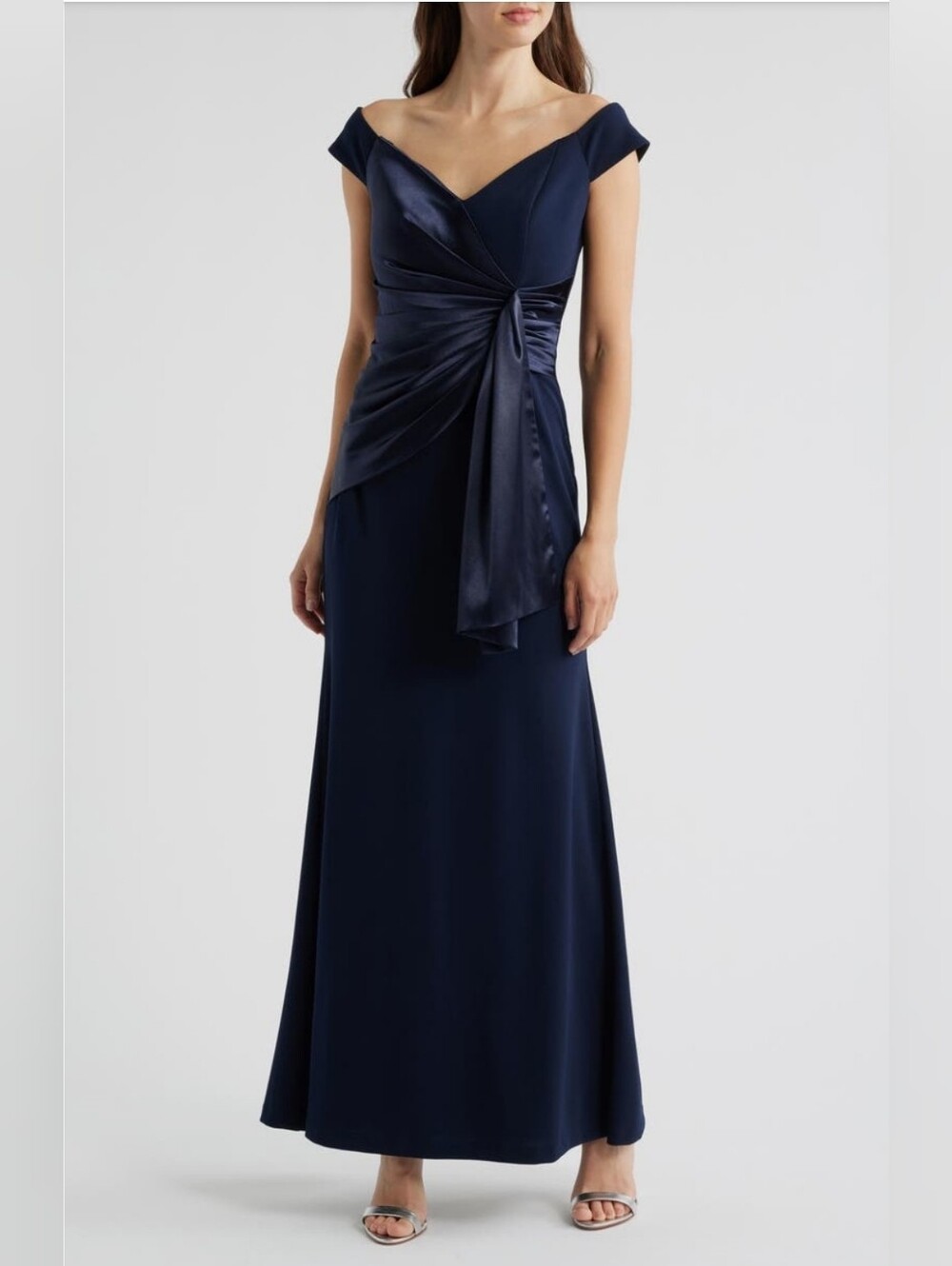 Eliza J Navy Off-the-Shoulder Satin-Waist Evening Gown